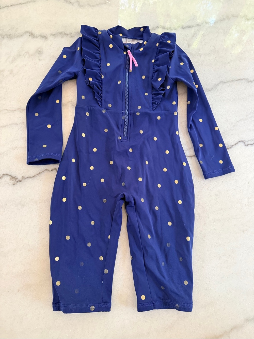 Mini Boden Navy Blue Long-Sleeve Polka Dot One-Piece with Ruffle 2-3Year